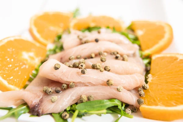 Carpaccio Fresh Mediterranean Swordfish Green Pepper Chives Few Drops Orange Stock Image