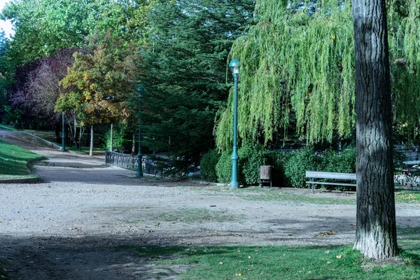 Parco Con Alberi Panchine Lungo Riva Del Fiume Autunno — Foto Stock