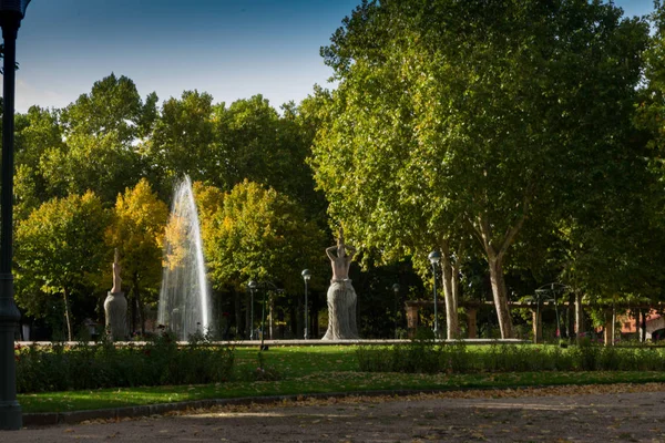 Parc Ville Avec Beaucoup Végétation Colorée Fontaine Eau — Photo