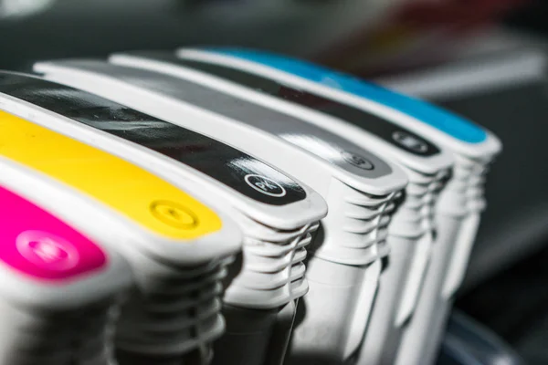 Close detail of ink cartridges in plotter for printing — Stock Photo, Image