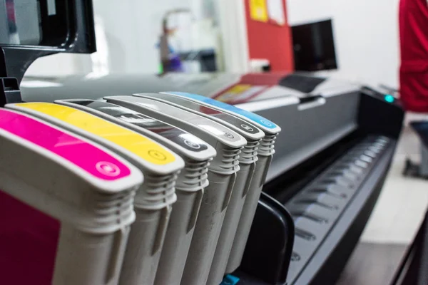 Close detail of ink cartridges in plotter for printing — Stock Photo, Image