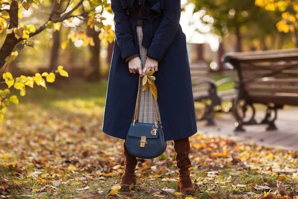 Hermosa Mujer Moda Camina Por Parque Otoño Abrigo Azul Con —  Fotos de Stock