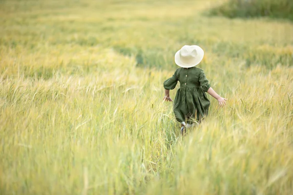 Menina Feliz Andando Trigo Dourado Apreciando Vida Campo Beleza Natureza — Fotografia de Stock