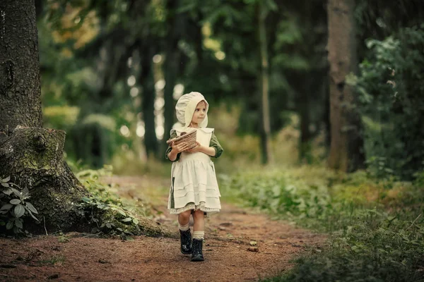 魔法の子供時代奇跡は起こる小さな妖精の女の子は信じられないほど美しい緑の森を歩きます。就寝時の物語. — ストック写真