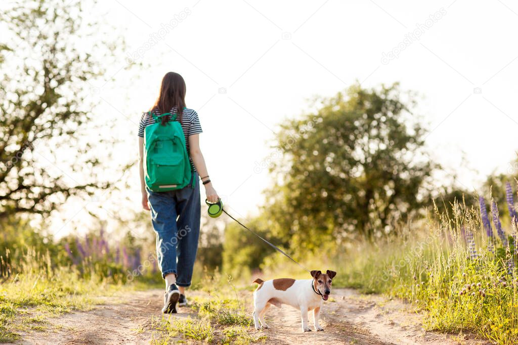 A girl walks with her dog on a country road. Dog walking, pet care. Friendship, caring, a way of life. Back view, space for text
