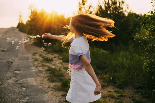 Lovely Girl Beautiful Smile Blows Soap Bubbles — Stock Photo, Image