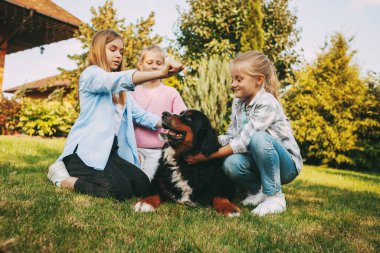 Bir grup genç kız Bernese Dağ Köpeği 'yle bahçede emziriyor, oynuyor ve eğleniyorlar.