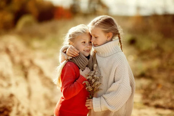 Two sisters in warm sweaters hug and run along the trail in the autumn forest. — Stock Photo, Image