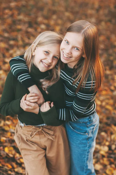 两个快乐的小女孩姐姐在秋天的公园里嬉笑着，在大自然的秋天玩耍着 — 图库照片