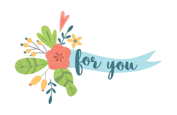 对于你的文字带着花 可爱的花卉元素用来保存约会卡片 婚宴请柬 浪漫的爱情横幅 祝贺你 手绘植物学装饰花束 植物图解 — 图库照片