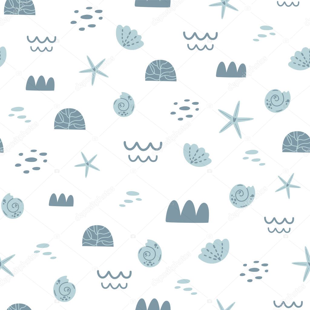 Grey and white sea seamless pattern. Coral background. Cute summer ocean print. Pastel colors kids pattern.