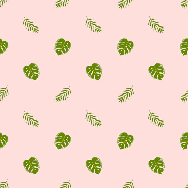 Узор без печати с экзотическими зелеными листьями на розовом фоне. Простая летняя бумага для печати на природе . — стоковый вектор