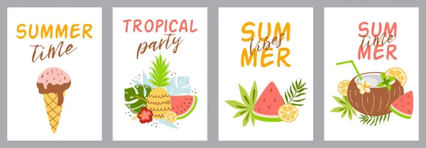 Sommerkartenset, tropische Sommer-Elemente, Früchte, Lebensmittel, Wassermelone, Eis, Ananas Kokosnuss Tropische Illustration. — Stockfoto