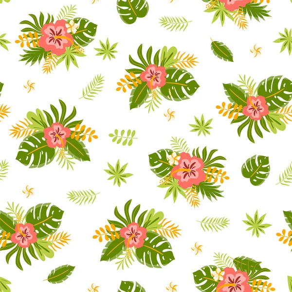 Patrón exótico sin costuras con hojas tropicales y flores sobre un fondo blanco. Hibiscus, palma. Ilustración vectorial . — Vector de stock