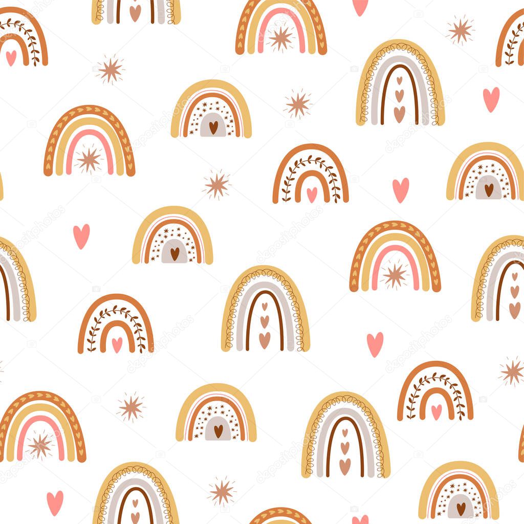 Kids boho rainbow pattern with modern pastel rainbows. Baby boho background Bohemian seamles pattern