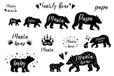 Bear Family bundle set. Papa, Mama, Sister Baby bear black shapes Cute bear prints Pharses with paw Vector elements vector Bear Family bundle set. Papa, Mama, Sister Baby bear black shapes Cute bear prints Pharses with paw Vector elements vector
