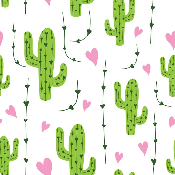 Cute Cactus Seamless Pattern Hearts Green Pink White Colors Vector — Stock Vector