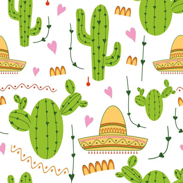 Naadloos Patroon Met Cactus Mexicaanse Sombrero Groene Gele Roze Witte — Stockvector