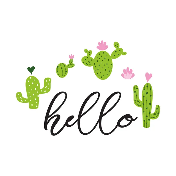 Tekst Witam Ręcznie Rysowane Słodkie Zielone Kaktusy Różowymi Sercami Drukowane — Wektor stockowy