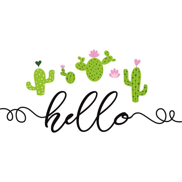 Tekst Witam Ręcznie Rysowane Słodkie Zielone Kaktusy Różowymi Sercami Drukowane — Wektor stockowy
