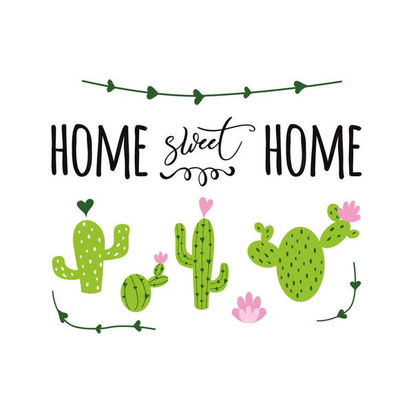 Hem Söt Hom Banner Prickly Kaktus Med Hjärta Och Inspirerande — Stock vektor