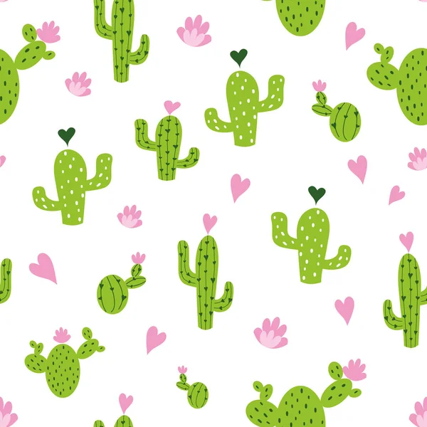 Cute Cactus Seamless Pattern Hearts Green Pink White Colors Vector — Stock Vector