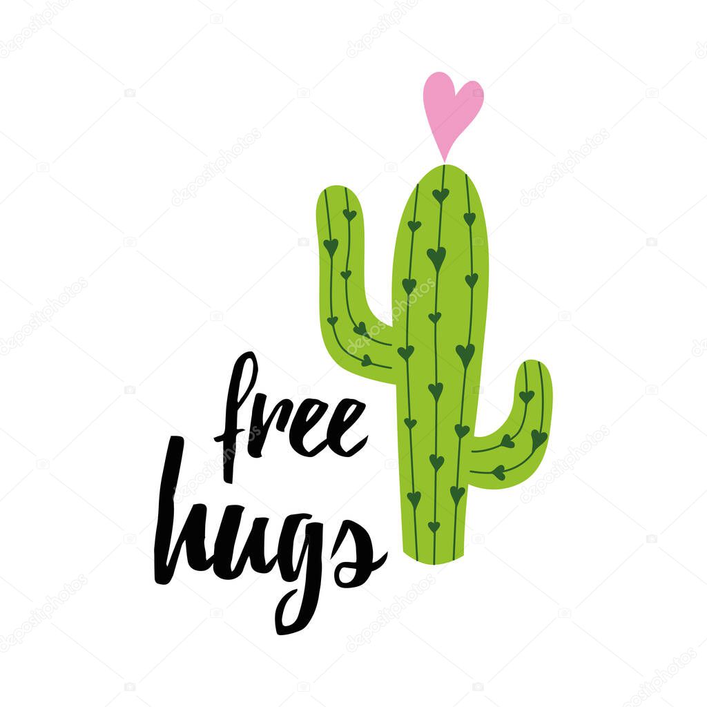 Vector banner. Cute hand drawn cactus print with inspirational funny quote Free Hugs isolated on white. Mexican symbol. Cute phrase with green cactus. Art print doodle summer sign poster label symbol