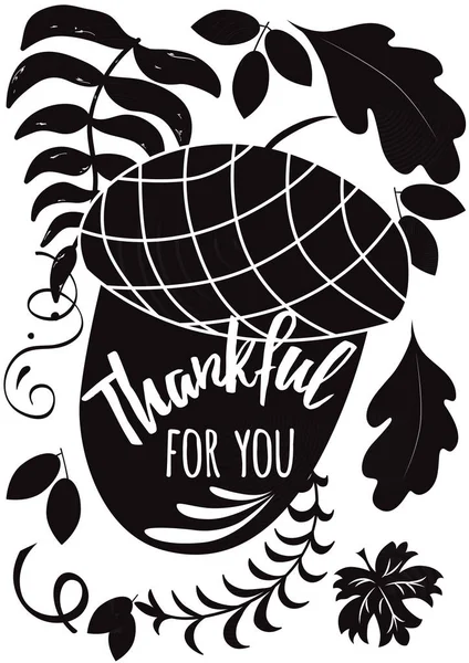 Vektorillustration Thanksgiving Kort Modern Kalligrafi Inspirerande Citat Handritade Svarta Ekollon — Stock vektor