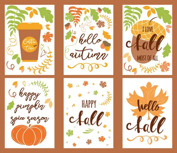 Cartoon Vector Hand Drawn Doodle Happy Fall Cards Vertical Banners — Stock Vector