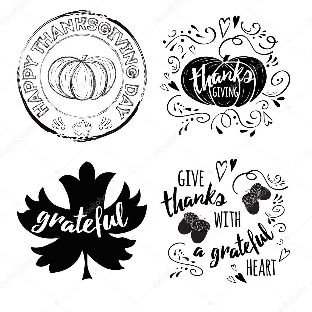 Vector set of Thanksgiving wishes overlays, lettering labels design set. Retro thanksgiving typography badges. Hand drawn isolated emblem with pumpkin, leaves, turkey. Give thanks logos for web, print