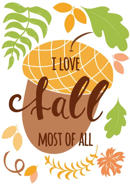 Hello Fall Hand Written Inscription Orange Hand Drawn Maple Leaf — Stock Vector