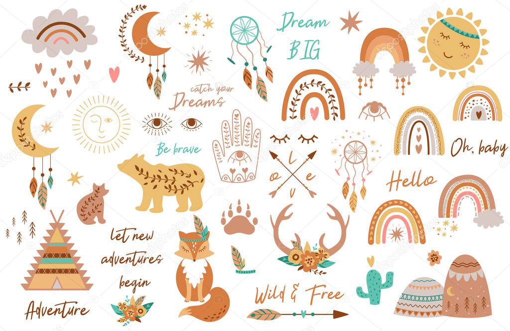 Tribal kids set elements. Boho teepee, rainbow, arrow, moon, sun, boho animals, dream catcher, deer horns, hamsa hand, fox, bear, mountains. Aztec boho chic baby vector illustration logo collection