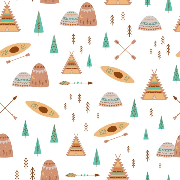 Mountain Trees Camp Pattern Cute Boho Style Teepee Tent Kayak — Stock Photo, Image
