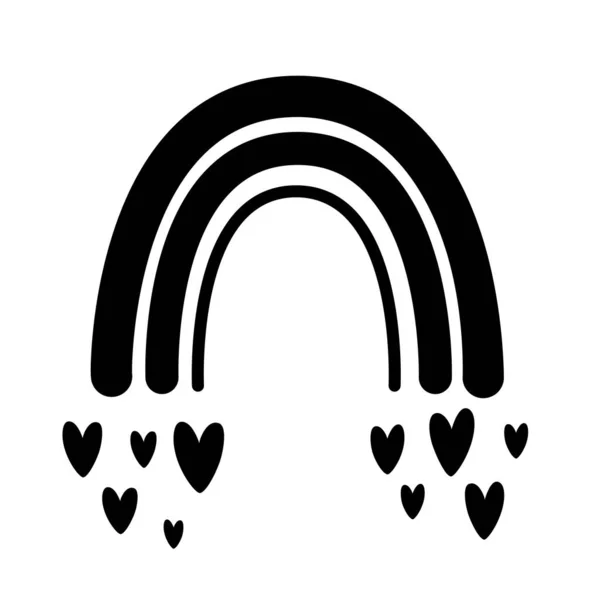 Arco-íris bonito com gotas de coração. Logotipo de arco-íris preto. Bonito bebê impressão arco-íris. Vetor de forma arco-íris moderno —  Vetores de Stock