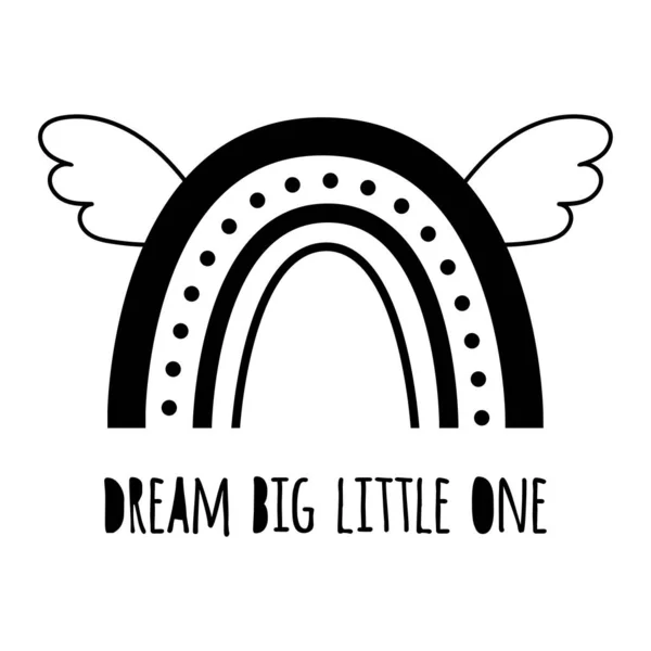 Dream big little one. Cute black rainbow with wings. Baby rainbow logo. Modern kids graphic element. Vector — Stock Vector