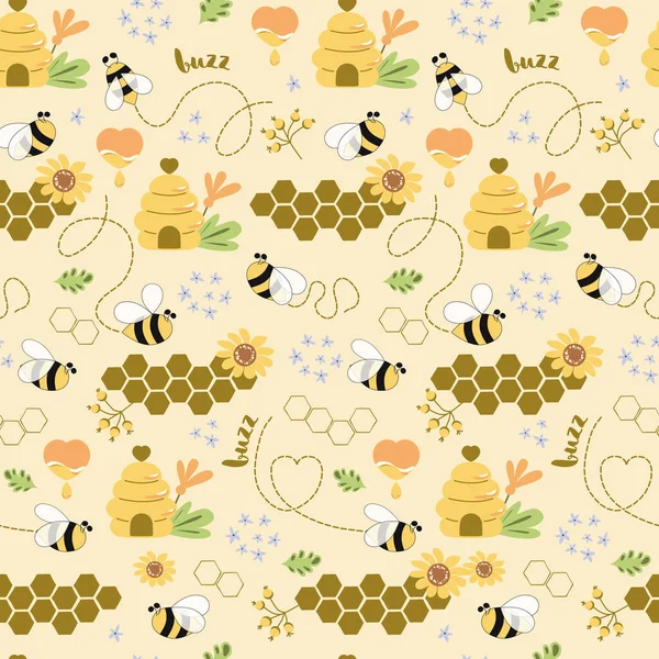 Sladký Med Bezešvý Vzor Roztomilé Včely Chutný Zdravý Med Včelí — Stockový vektor