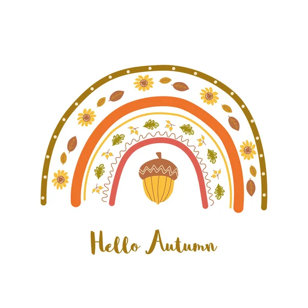 Cute autumn rainbow. Fall printable poster. Modern nursery rainbow with yellow acorn, leaves, flowers print