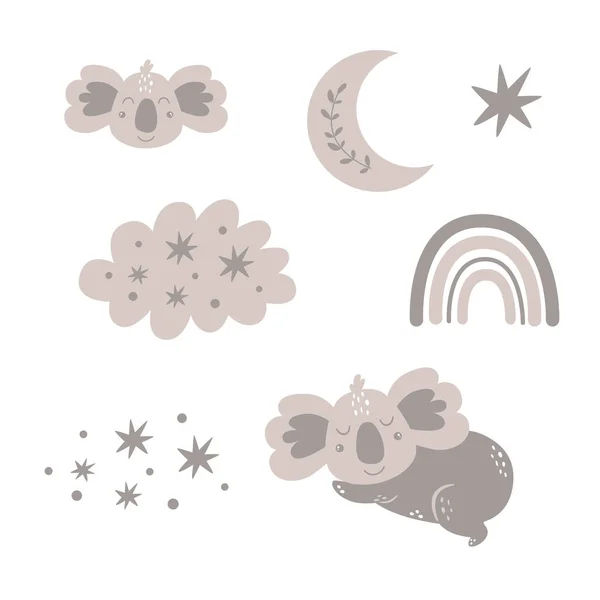 Boa noite elementos isolados Projeto bonito do bebê. Clipart dos sonhos doces Coala adormecida, arco-íris, nuvem, lua, estrela —  Vetores de Stock