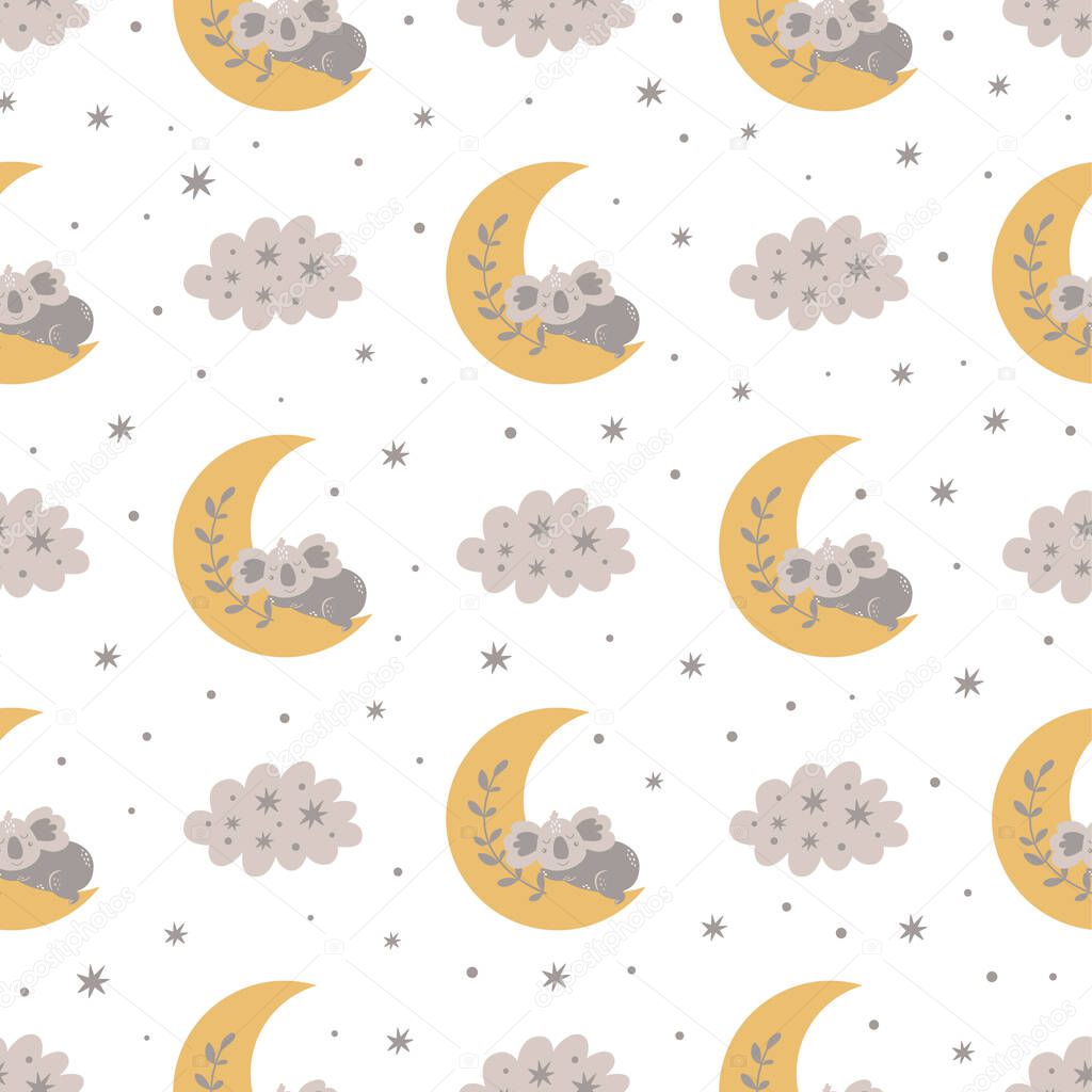 Sleeping koala bear on the moon Baby pattern baby. Scandinavian cartoon style. Cute kids bed linen textile