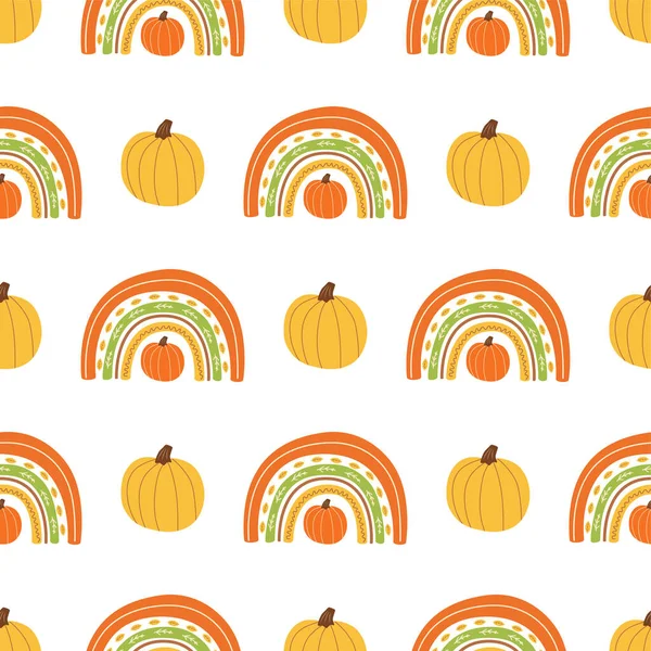 Fall rainbow with pumpkin pattern. Cute autumn seamless background. Kids auytumn rainbow. Baby pumpkin. Thanksgiving da illustration. Fall season wallpaper, wrap Harvest time, fall market banner.