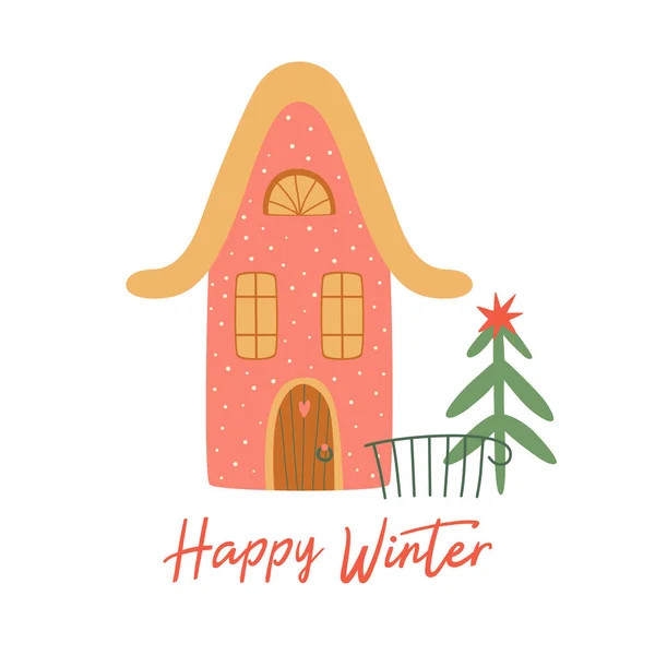 핑크 크리스마스 하우스는 흰색에 고립되어 있습니다. 겨울 별장. 카툰은 새해 복 많이 받은 도시 건물입니다. 크리스마스 트리 — 스톡 벡터