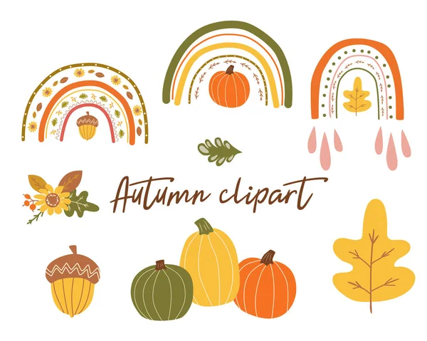 Autumn vector clipart. Autumn rainbow, cute fall pumpkin, leaves, fall flower, acorn. Autumn trendy set. — Stock Vector