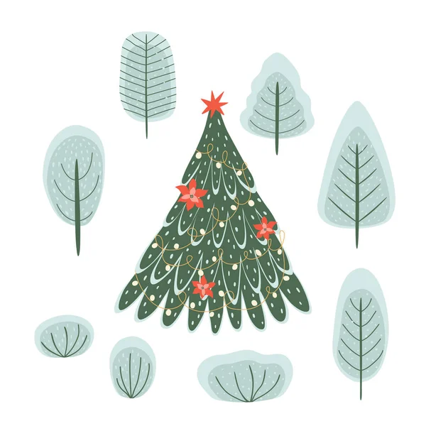 Árvore de Natal e árvores. Mão desenhando árvores de inverno para paisagem florestal atividade ao ar livre Isolado em branco. — Vetor de Stock