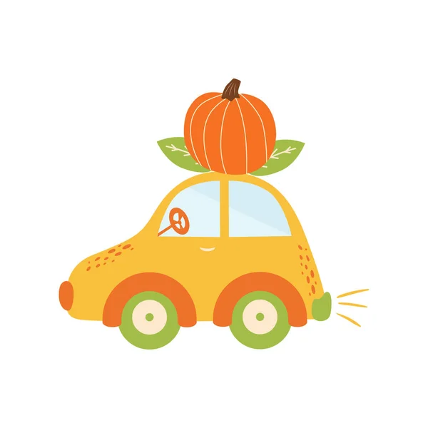 南瓜车可爱秋天的贺卡.秋天的背景。运输部分。收获时间 — 图库矢量图片