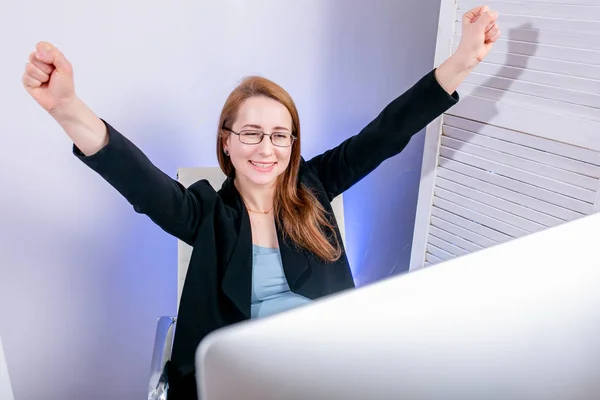 Portrait Happy Young Successful Businesswoman Celebrate Something Arms Office Positive — Stock Photo, Image
