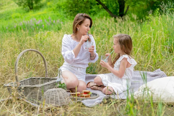 Hermosa madre joven y su hija pequeña divirtiéndose en un picnic en el día de verano. Están sentados en una manta y bebiendo limonada casera. Cuidado materno y amor. Fotografía horizontal — Foto de Stock