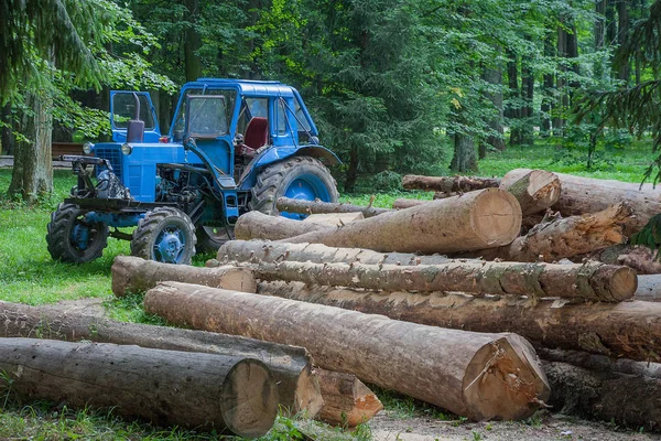 Small wheel tractor at a forest logging work.