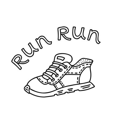 Spor ayakkabılarıyla karakterlerine çalıştırın. Vektör doodle çizim tasarım poster için kullanılabilir, indirim kartları, bir ayakkabıcıda süslemeleri