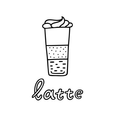 El bardak latte el yazısı ifade Latte ile çekilmiş. Kullanılabilir kahve arası poster, kartı, broşür için. Vektör çizim