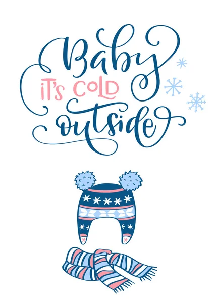 Tarjeta Manuscrita Invierno Con Frase Baby Cold Con Gorra Clipart — Archivo Imágenes Vectoriales